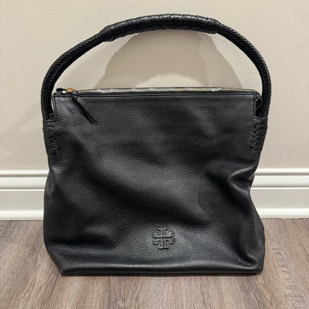 Tory Burch Taylor Logo Large Pebble Black Leather Hobo Shoulder Bag